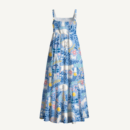 Square Neck Blue Leaf Cat Print Wide Straps Maxi Dress With Pockets