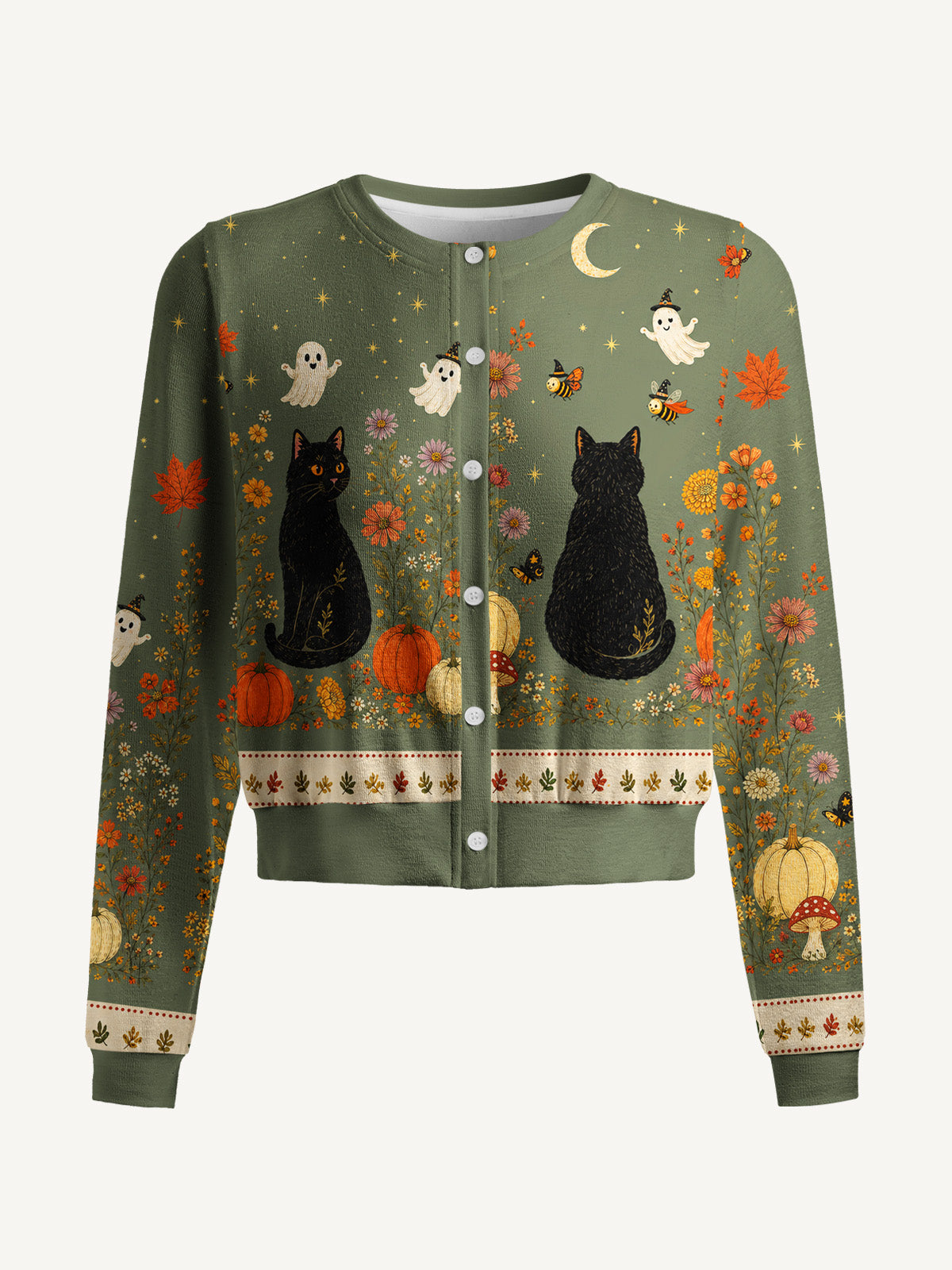 Lightweight Crew Neck Long‑Sleeve Cropped Twilight Pumpkin Garden Black Cat Print Fine‑Knit Cardigan