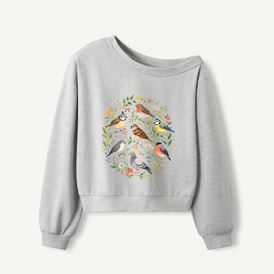 Botanical Birds Wreath Print Off Shoulder Sweatshirts