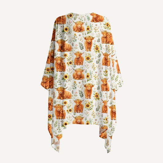 Spring Highland Cow Floral Print Kimono Wrap