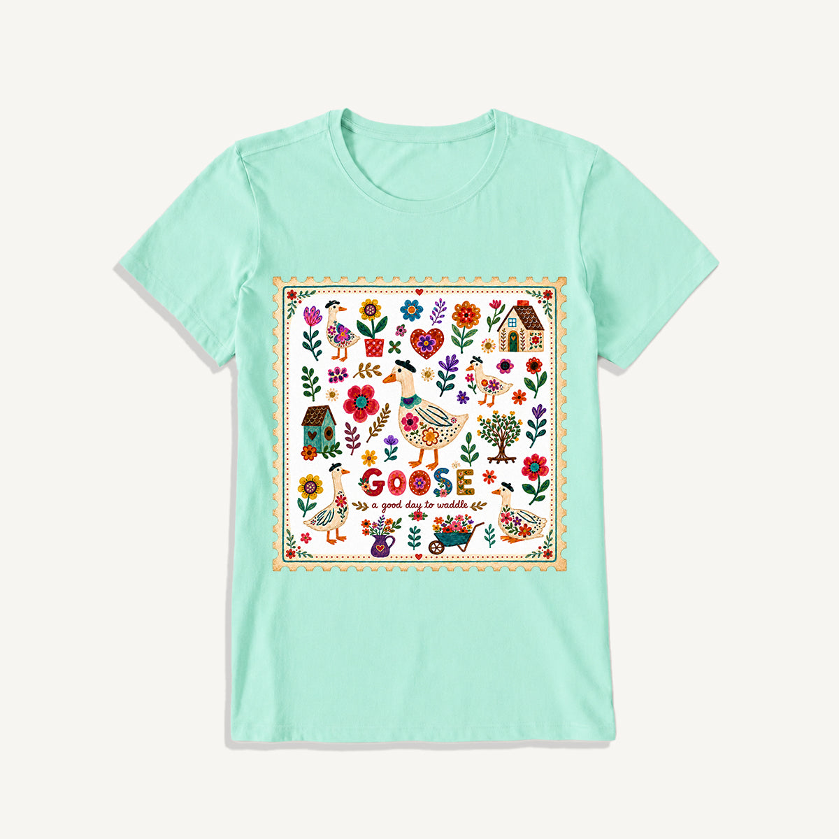 Floral Goose Garden Print Crew Neck Cotton Tee
