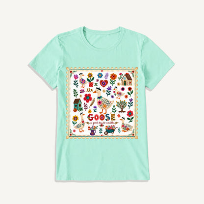 Floral Goose Garden Print Crew Neck Cotton Tee