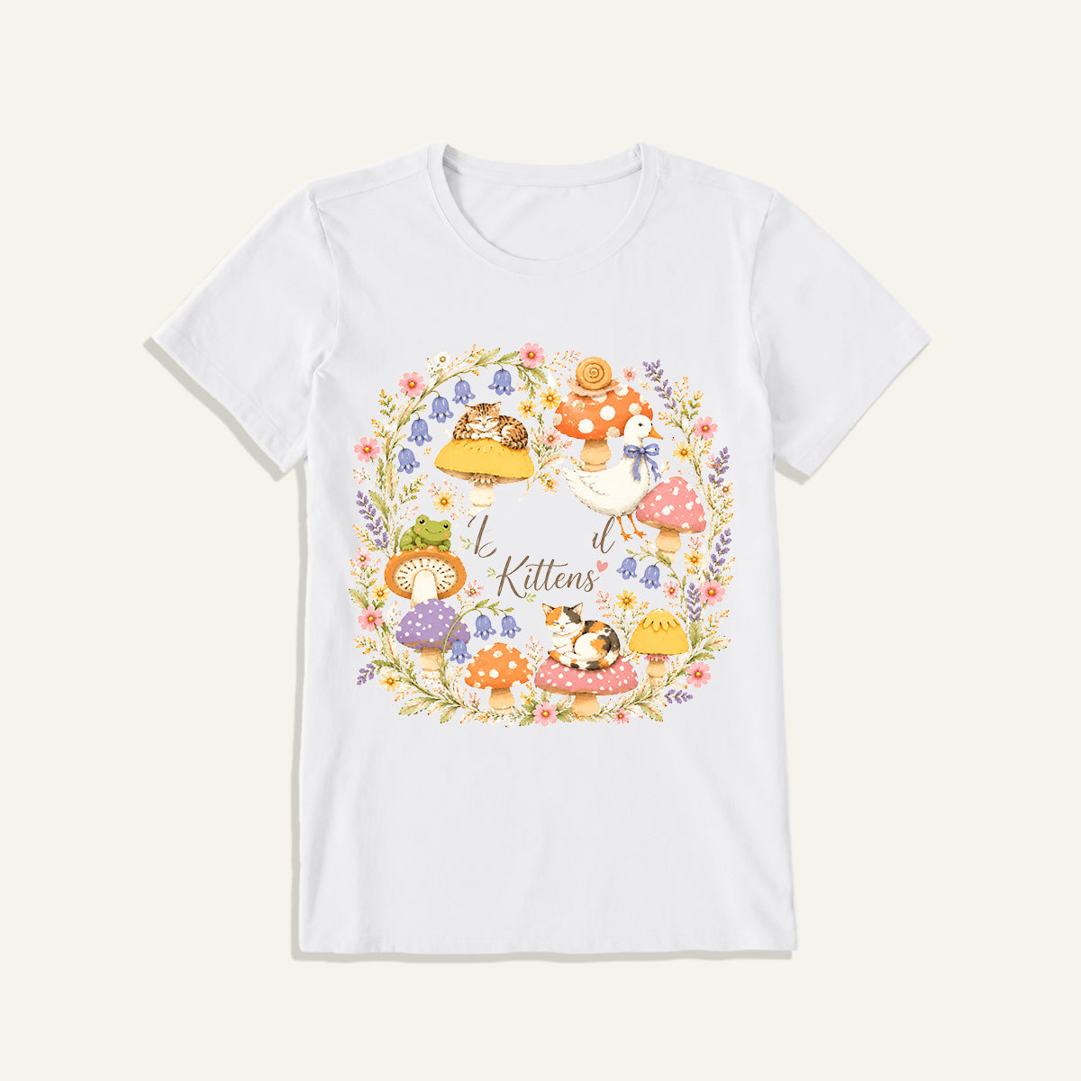 Botanical Kittens Mushroom Wreath Print Crew Neck Cotton Tee