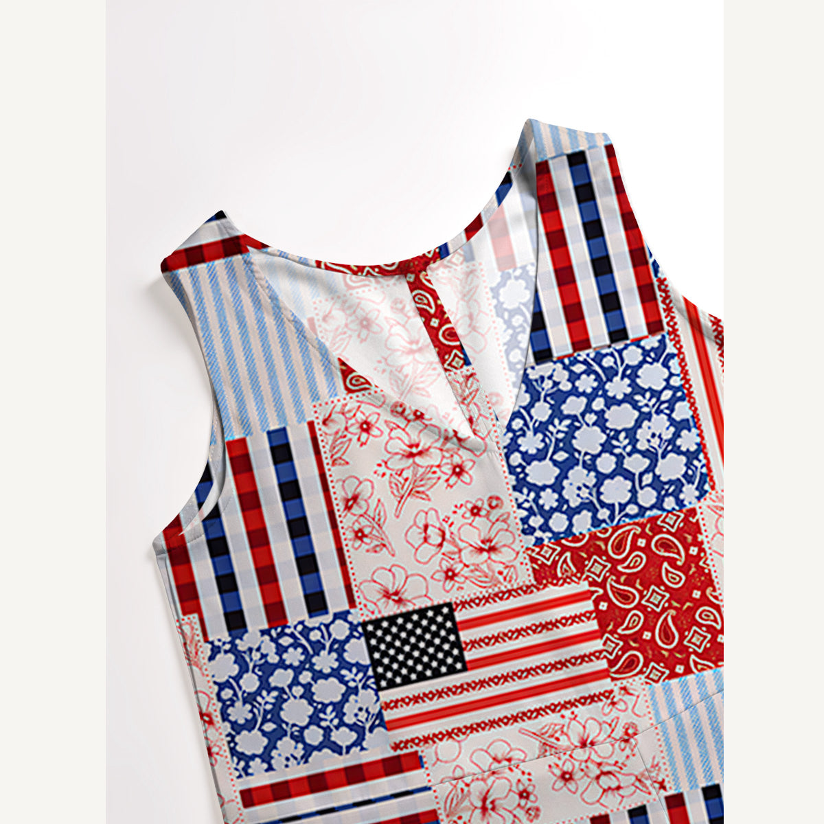Patriotic Patchwork Quilt Print Jumpsuit with Pockets for Women