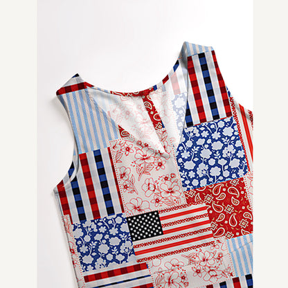 Patriotic Patchwork Quilt Print Jumpsuit with Pockets for Women