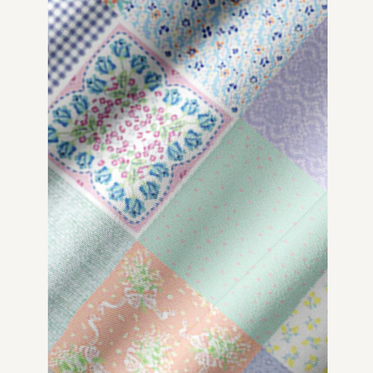 Vintage Quilt Patchwork Print Boho Tie‑Neck Smock Mini Dress