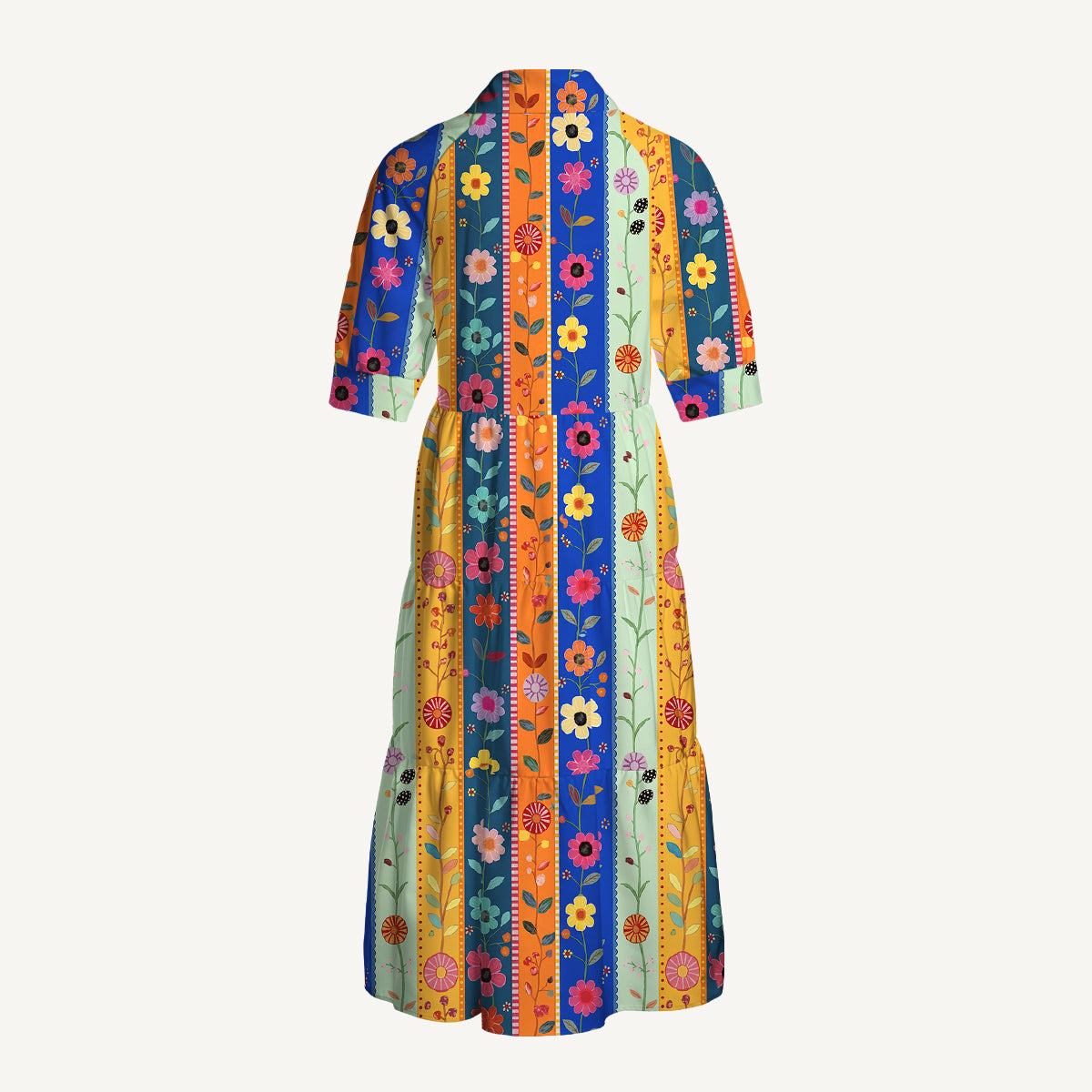 V Neck Collared Rainbow Garden Colorblock Print Casual Midi Dress With Pockets