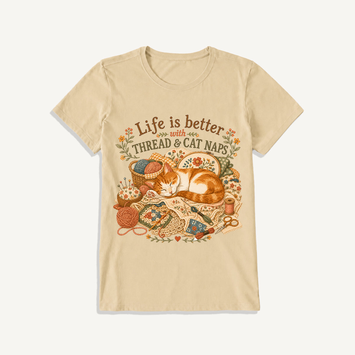 Thread and Cat Naps Print Crew Neck Cotton Tee