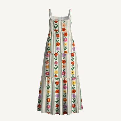 Vintage Vertical Floral Stripe Print Wide Straps Maxi Dress With Pockets
