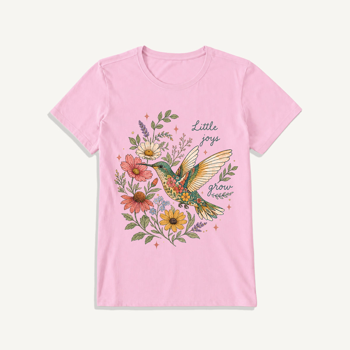 Floral Hummingbird Garden Print Crew Neck Cotton Tee