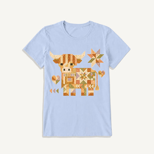 Highland Cow Quilt Art Print Crew Neck Cotton Tee