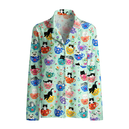 Cute Teacup Kitten Print Long Pajama Set