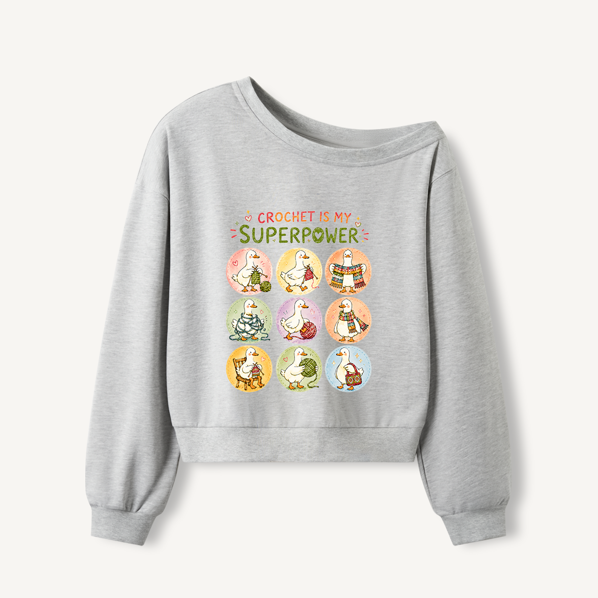 Crafty Duck Crochet Club Print Off Shoulder Sweatshirts