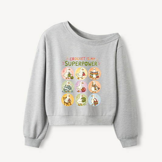Crafty Duck Crochet Club Print Off Shoulder Sweatshirts