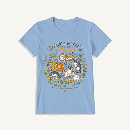 Blooming Cats & Wildflowers Print Crew Neck Cotton Tee
