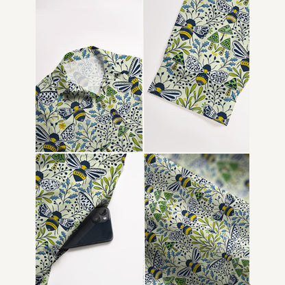 V Neck Collared Botanical Bee Garden Wildflowers Print Casual Midi Dress With Pockets