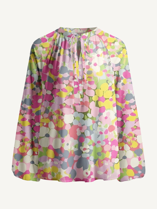 Floral Candy Confetti Print Boho Long Sleeve Tie‑Neck Blouse