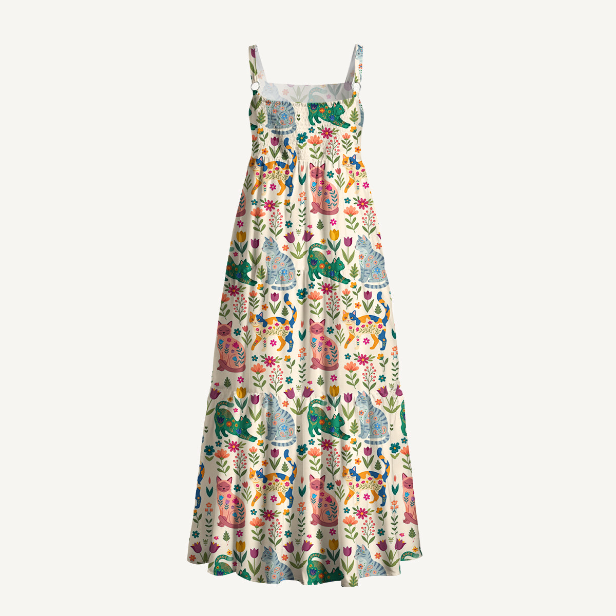 Cute Flower Cat Wide Straps Maxi Dress With Pockets