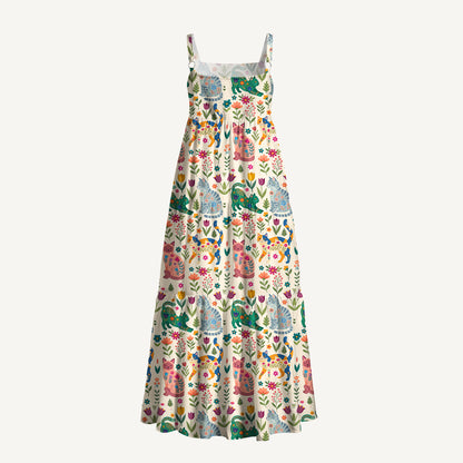 Cute Flower Cat Wide Straps Maxi Dress With Pockets