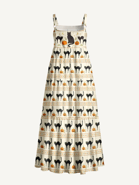 Pumpkin Lane Black Cat Print Wide Straps Maxi Dress With Pockets