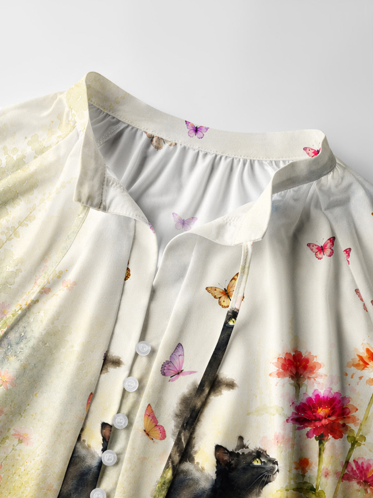 Black Cat in Blooming Garden Watercolor Print Boho Long Sleeve Tie‑Neck Blouse