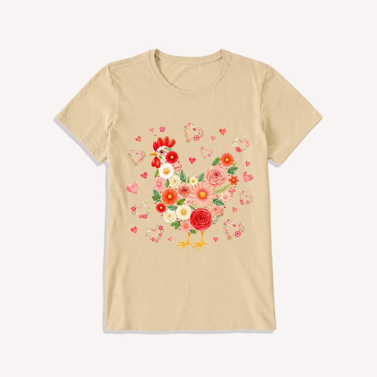 Blooms Floral Chicken Print Crew Neck Cotton Tee