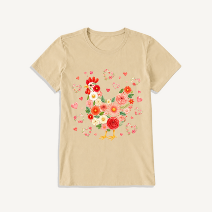 Blooms Floral Chicken Print Crew Neck Cotton Tee