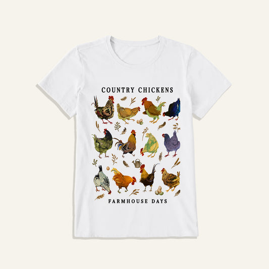Country Chicken Farmhouse Collection Print Crew Neck Cotton Tee