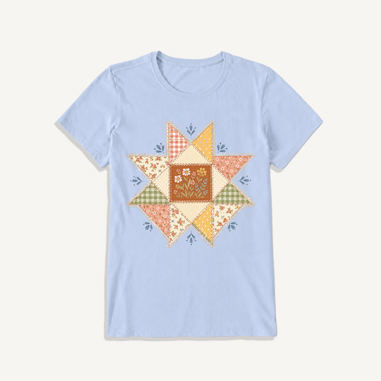 Vintage Quilt Star Meadow Print Crew Neck Cotton Tee