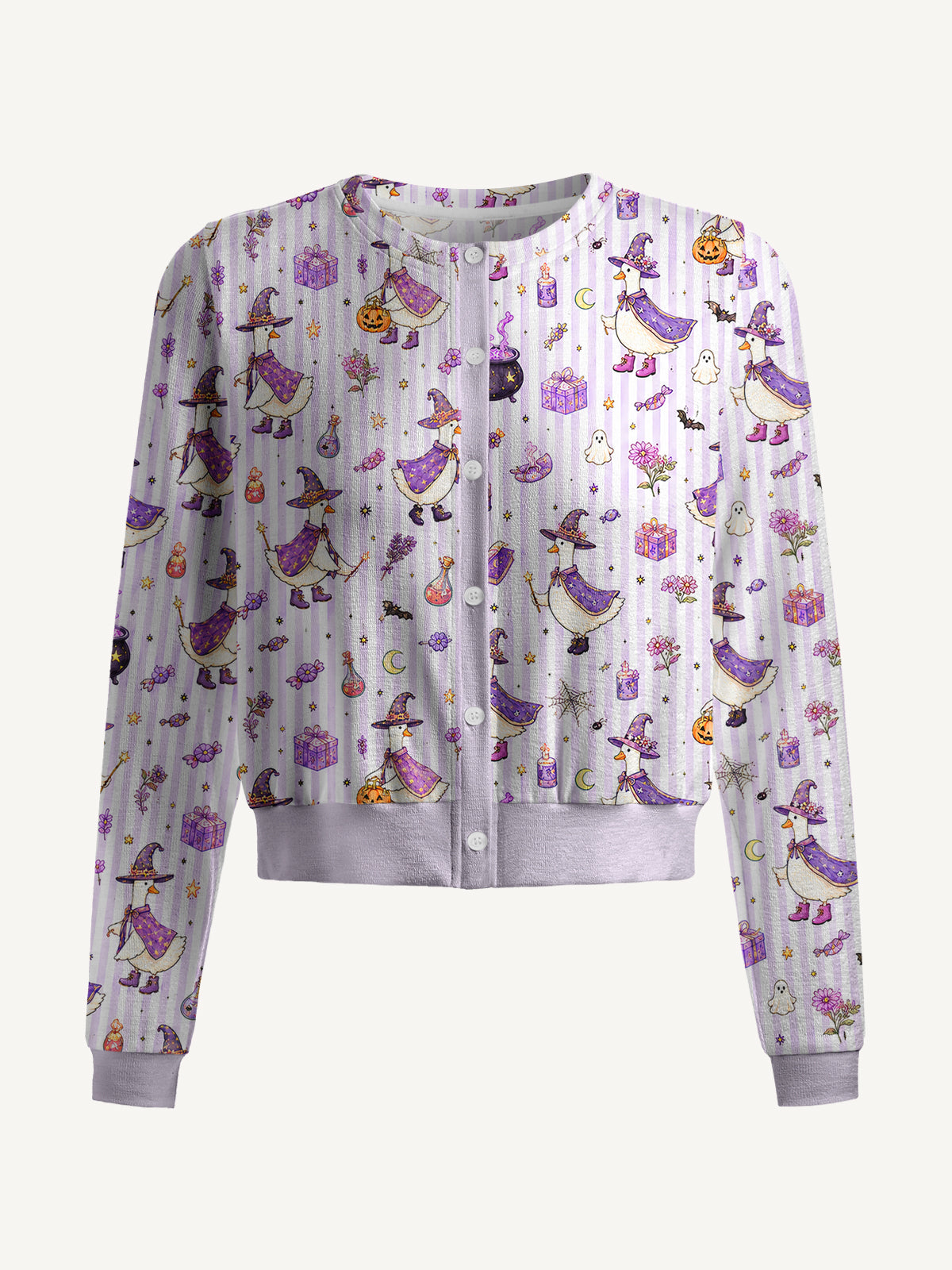 Lightweight Crew Neck Long‑Sleeve Cropped Halloween Witch Gooses Print Fine‑Knit Cardigan