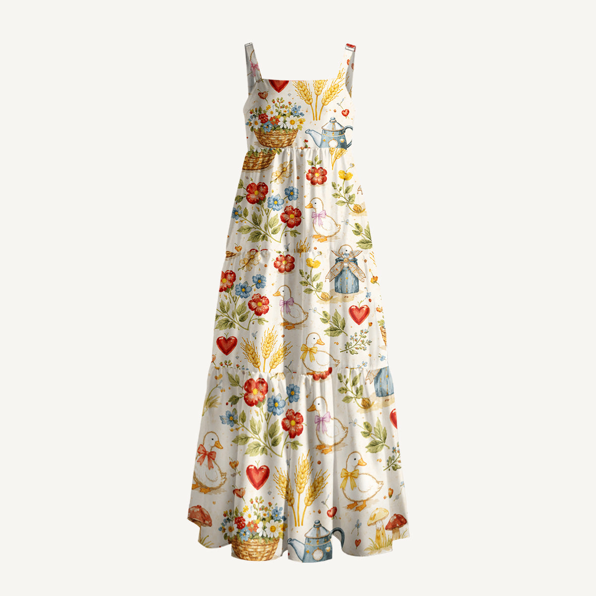 Rustic Duck Meadow Print Wide Straps Maxi Dress With Pockets