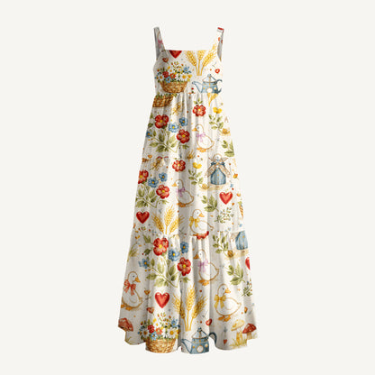 Rustic Duck Meadow Print Wide Straps Maxi Dress With Pockets