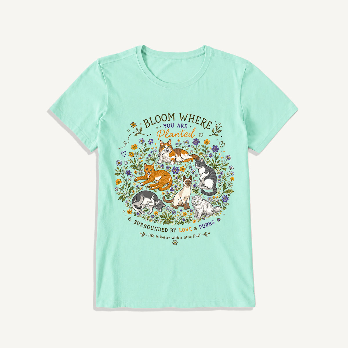 Blooming Cats & Wildflowers Print Crew Neck Cotton Tee