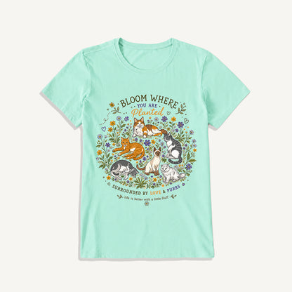 Blooming Cats & Wildflowers Print Crew Neck Cotton Tee