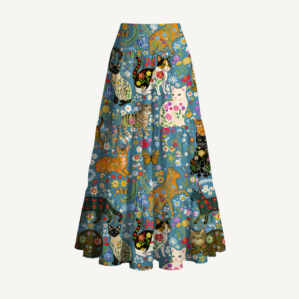 Colorful Garden Cat Print Convertible Maxi Skirt & Strapless Dress