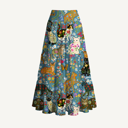 Colorful Garden Cat Print Convertible Maxi Skirt & Strapless Dress