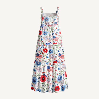 Patriotic Poppy Garden Print Wide Straps Maxi Dress With Pockets