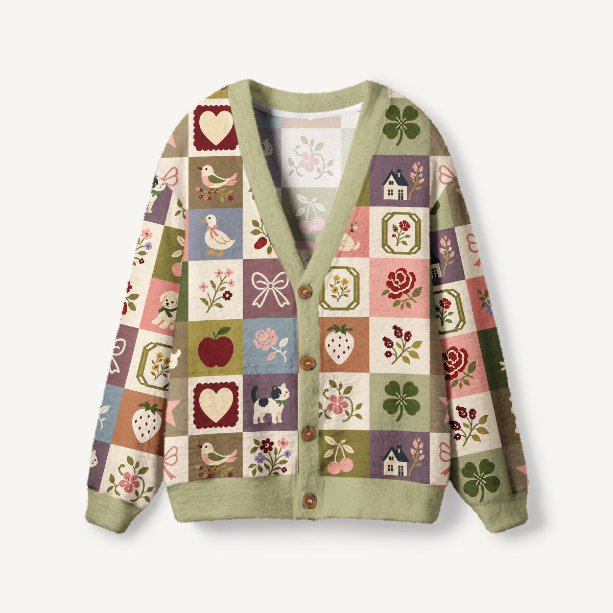 Cottage Friends Patchwork Print Ugly Cardigan Sweaters