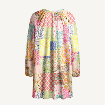 Colorful Bohemian Patchwork Print Boho Tie‑Neck Smock Mini Dress