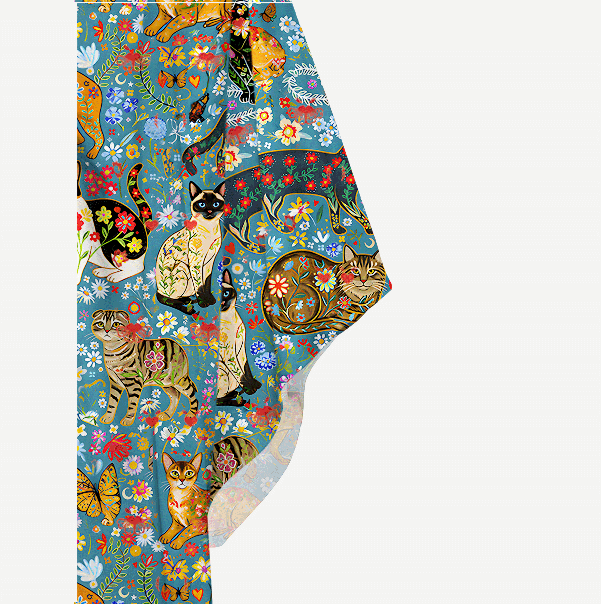 V‑Neck Colorful Garden Cat Kimono Sleeve Kaftan Dress