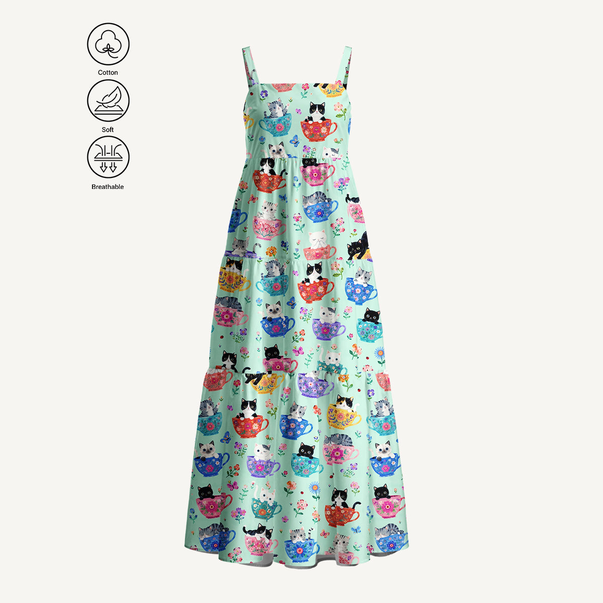 Cute Teacup Kitten Print Cotton Wide Straps Maxi Dress With Pockets