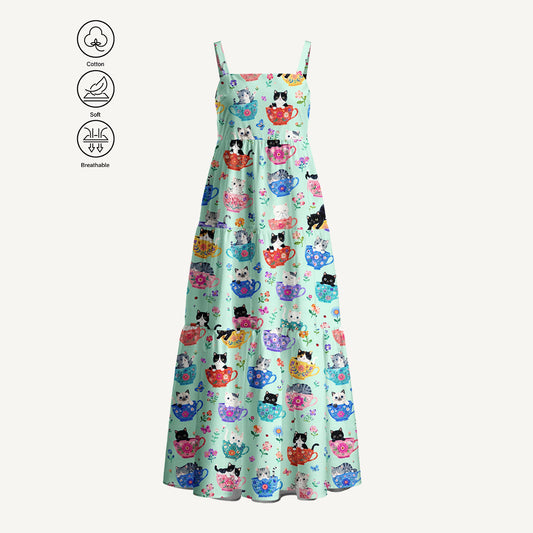 Cute Teacup Kitten Print Cotton Wide Straps Maxi Dress With Pockets