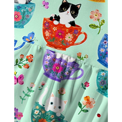Cute Teacup Kitten Print Spaghetti Strap Mini Dress