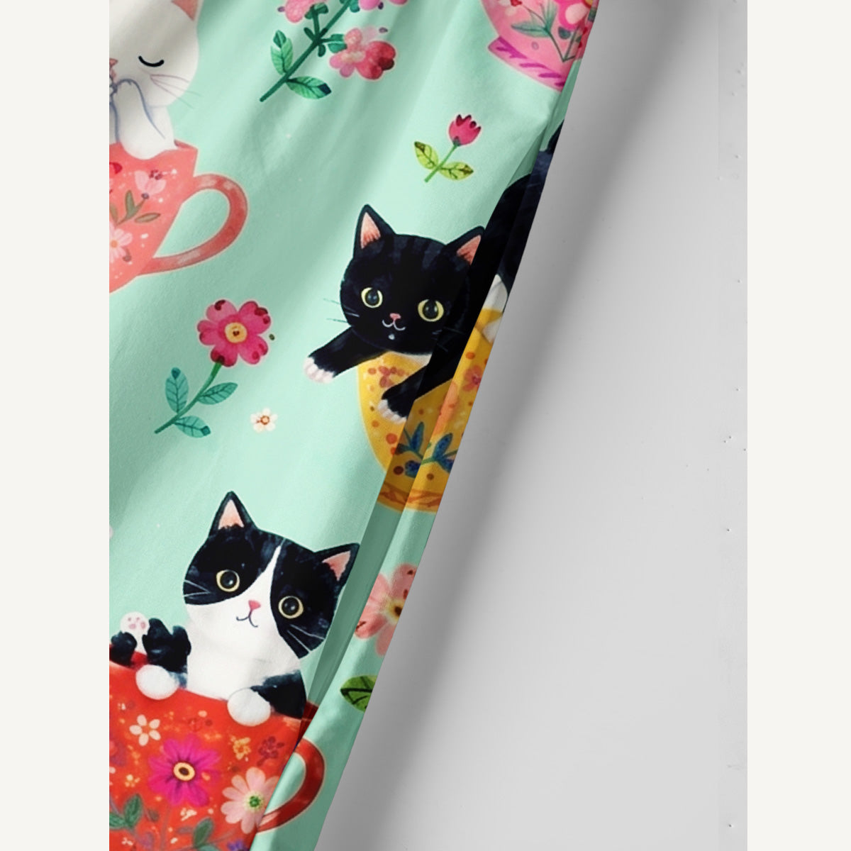 Cute Teacup Kitten Print Cotton Wide Straps Maxi Dress With Pockets