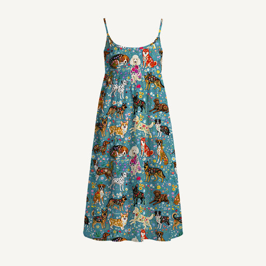 Cute Flower Dog Print Spaghetti Strap Mini Dress