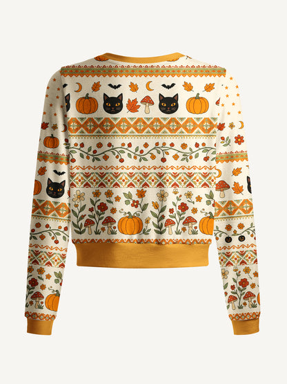 Lightweight Crew Neck Long‑Sleeve Cropped Autumn Fair Isle Pumpkin & Black Cat Print Fine‑Knit Cardigan