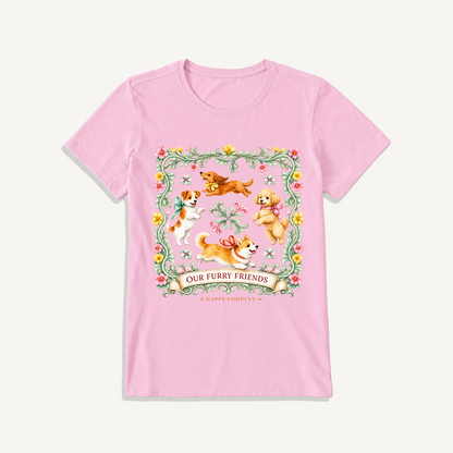 Playful Furry Friends Print Crew Neck Cotton Tee