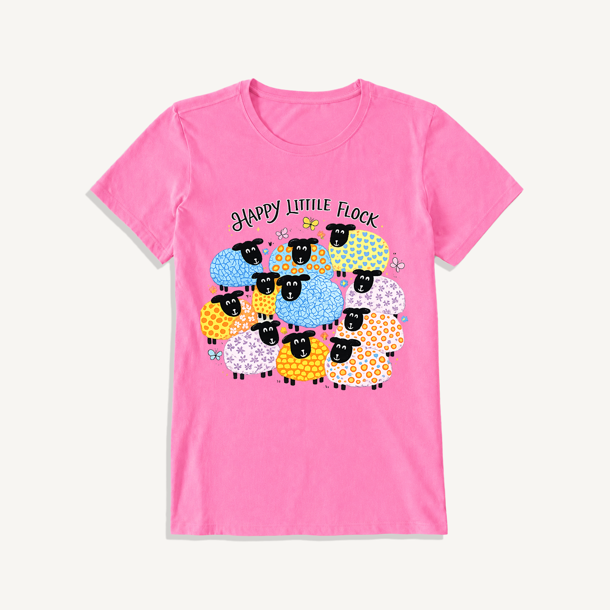 Colorful Happy Flock Print Crew Neck Cotton Tee