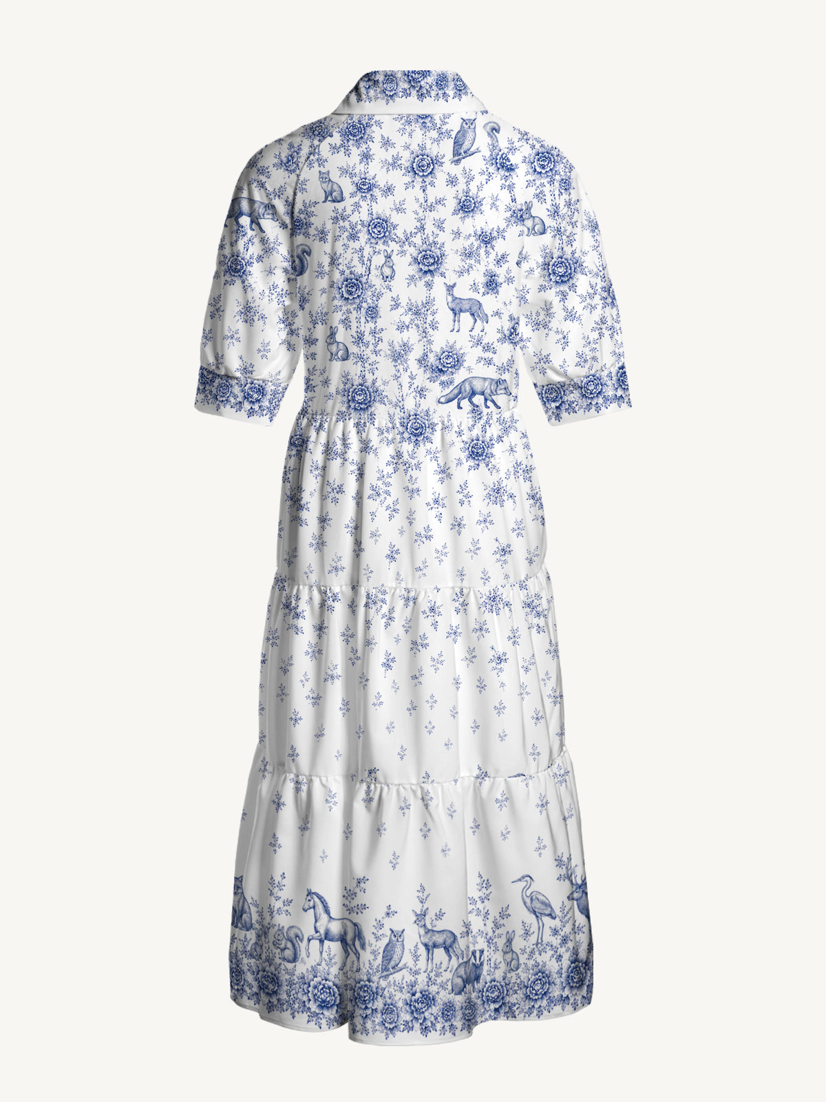 V Neck Collared Delft Blue Woodland Story Print Casual Midi Dress With Pockets
