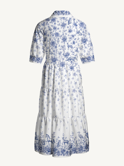 V Neck Collared Delft Blue Woodland Story Print Casual Midi Dress With Pockets